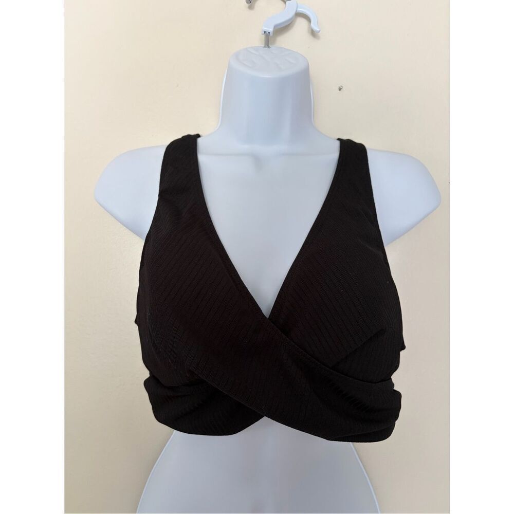 Black Ribbed Cross-Front Bikini/Sports Top